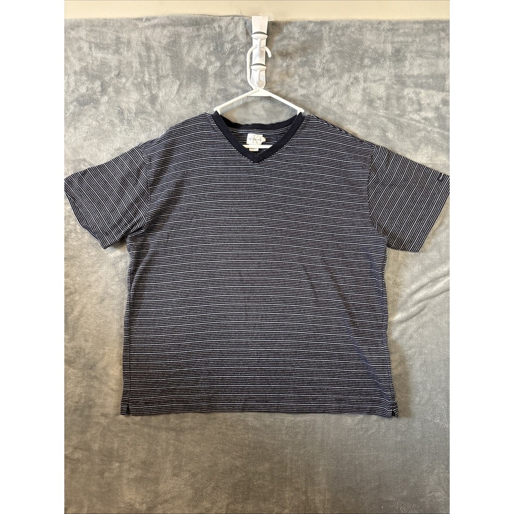 Calvin Klein Jeans Mens Striped V-Neck Short Sleeve Shirt Gray Large